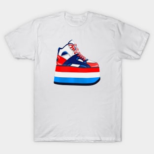 90s red and blue tower platform shoes T-Shirt